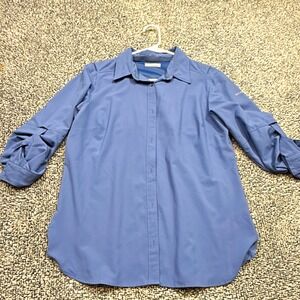 Columbia Women's M Blue Solid 3/4 Sleeve Button-Up Shirt Point Collar Logo